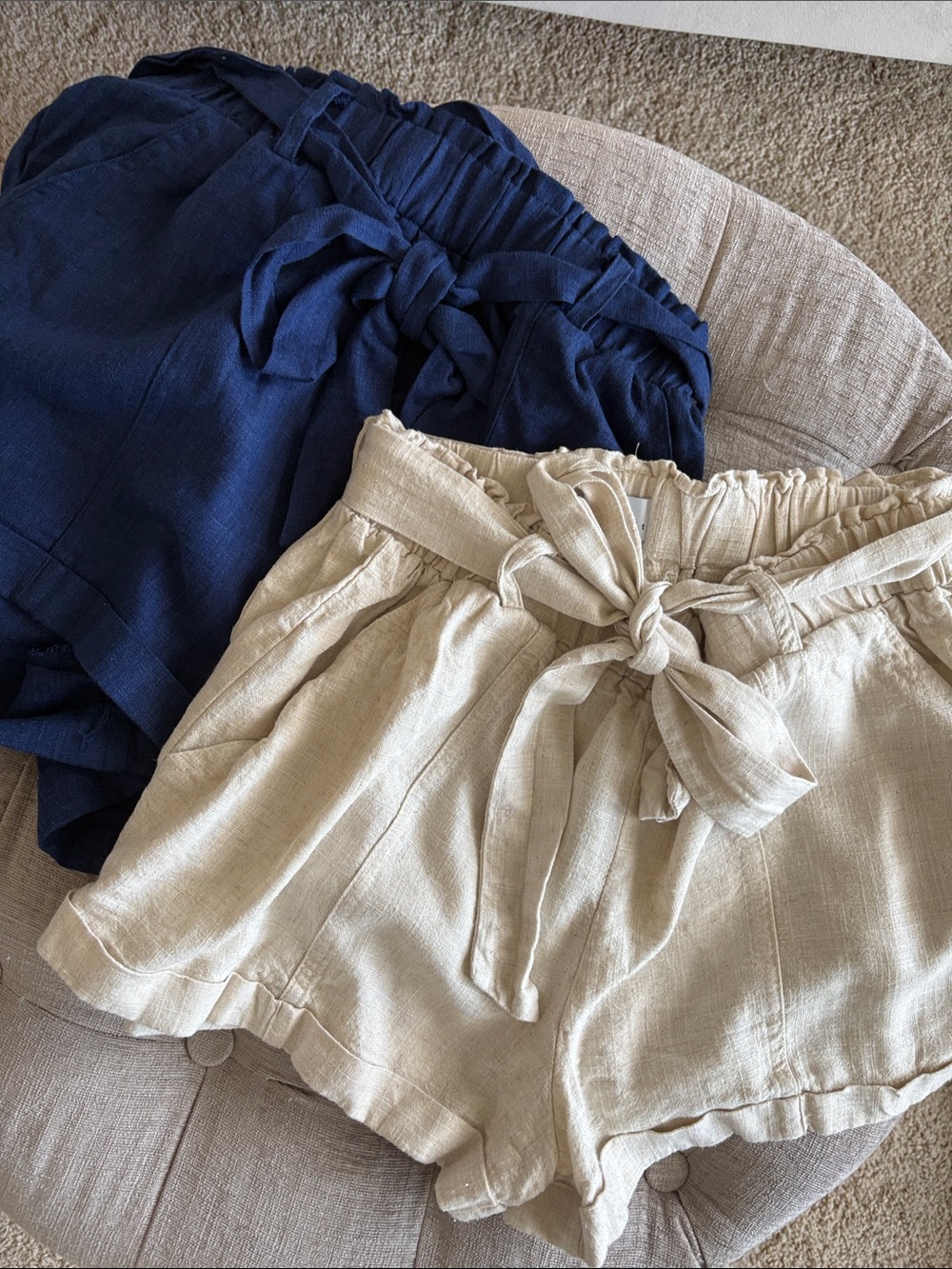 True Craft High-Waist Tie-Belt Shorts in Navy & Beige
